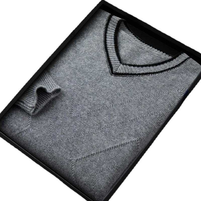 New Fashion Double Thickened Men's 100% Pure Cashmere V Neck Sweater Casual Sweetheart Neck Sweater