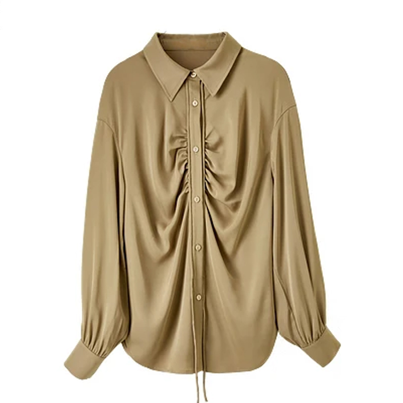 Women's Fashion Vintage Shirt Button Shirt Women's Pleated Versatile Drawstring Top