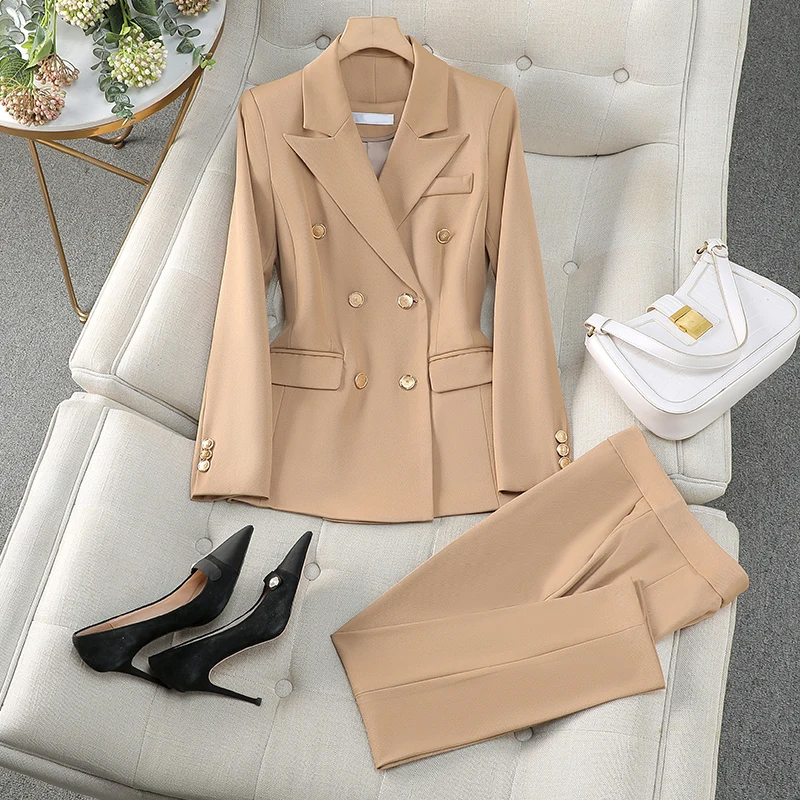 Elegant Women Suit Jacket Pants Suit Autumn Fashion Double Breasted Jacket Trousers Suit Office Ladies Suit