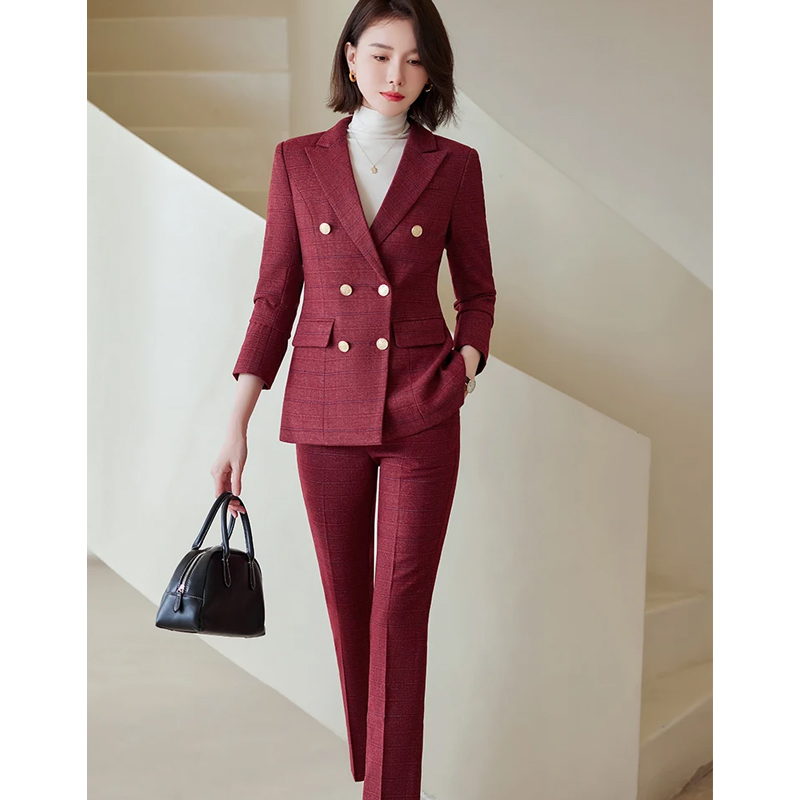 Women's Trouser Suits Women's Business Workwear Checked Jacket And Trousers Suit Jacket Two Piece Suit