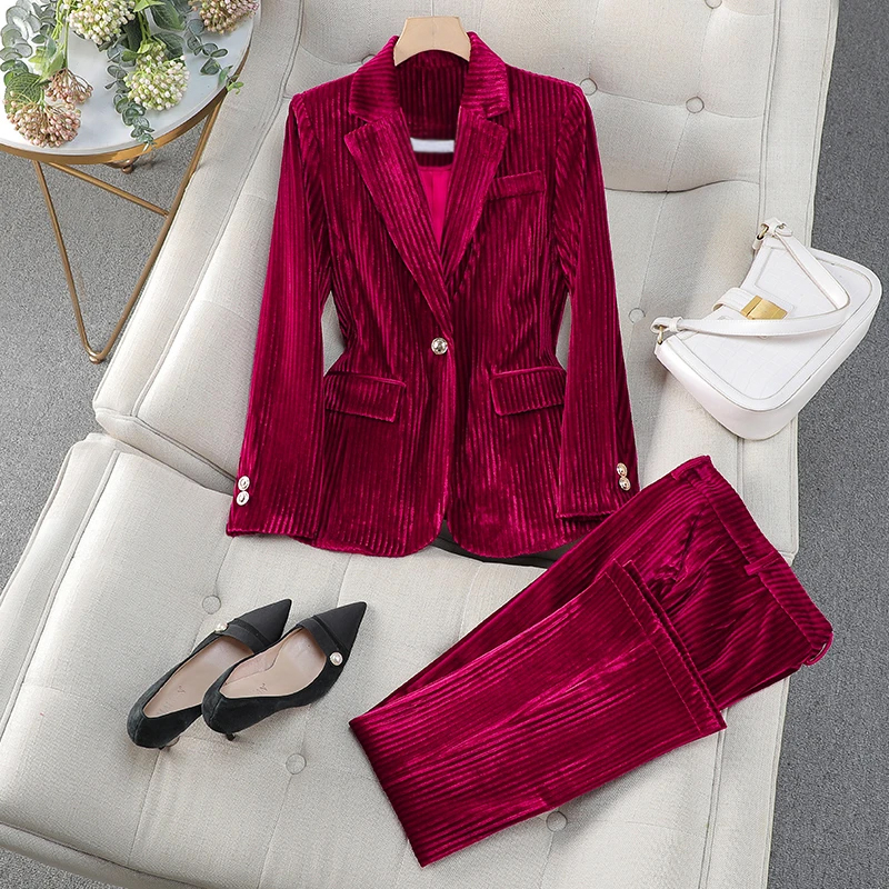 Elegant Women's Suit Jacket Pants Suit Autumn And Winter Single Button Jacket Trousers Suit Office Women Clothing