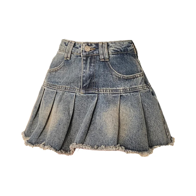 Women's Denim Skirt High Waist Raw Edge Stitching Casual A-Line Harajuku Korean Version Y2k Pleated Skirt