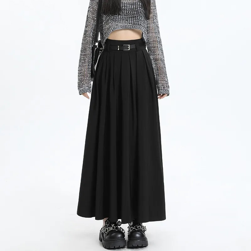 Casual Harajuku Style Solid Color Soft Midi Skirt Women Retro High Waist Loose Office Ladies Pleated Skirt