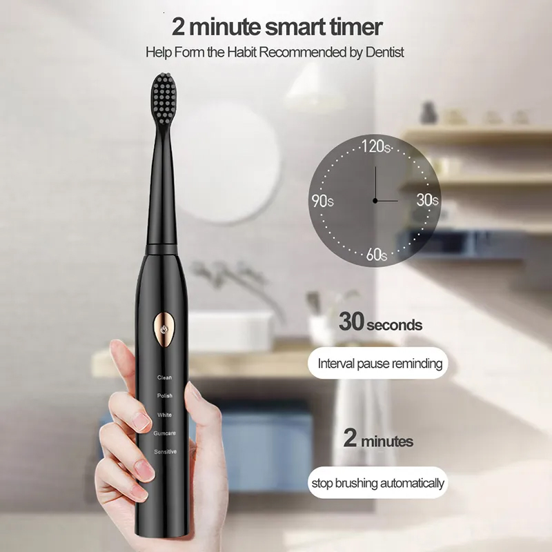 Ultrasonic Sonic Electric Toothbrush, Rechargeable, Washable, Whitening, Timing Function for Adults