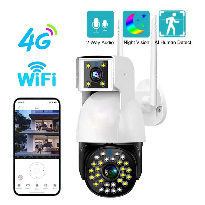 4G Sim IP Camera WiFi Outdoor Waterproof Camara Dual Lens Auto Track Night Vision Security Protection Pro Home Monitor