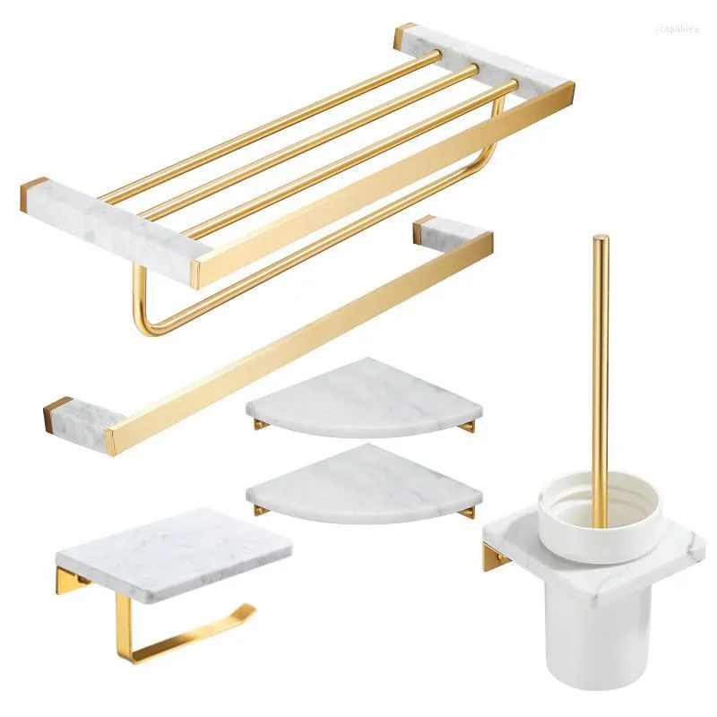 Bath Accessory Set Brass & Marble Towel Rack/Bar Toilet Brush Tissue