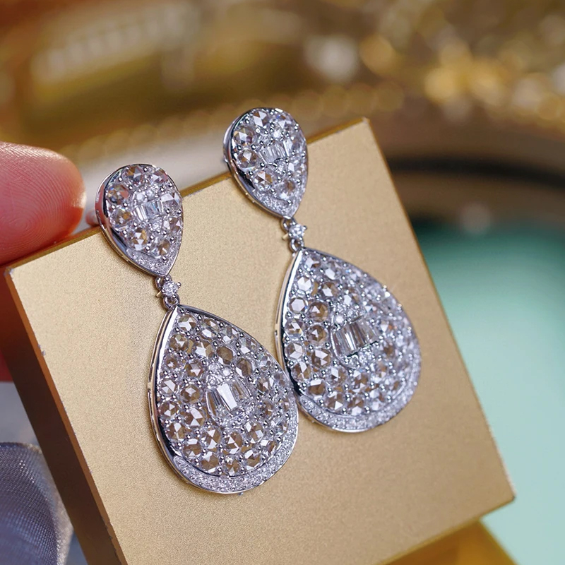 18k White Gold Earrings, Women's Vintage Elegant Style, Suitable for High-End Banquets