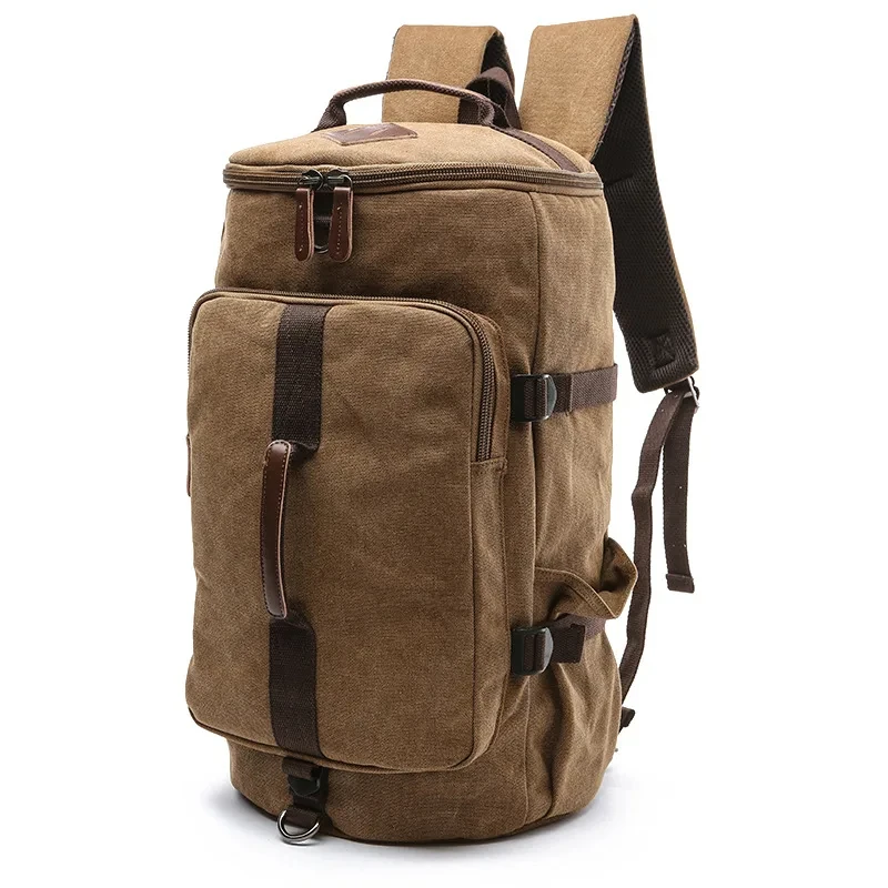 Large Capacity Canvas Backpack Multifunctional Luggage Bag Cylindrical Outdoor Travel Backpack Duffle Bag