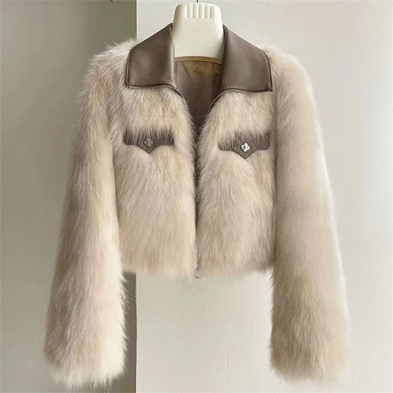 Short Fur Collar Design Faux Fox Fur Coat Women's Long Sleeve Street Tops Warm Fur Jacket