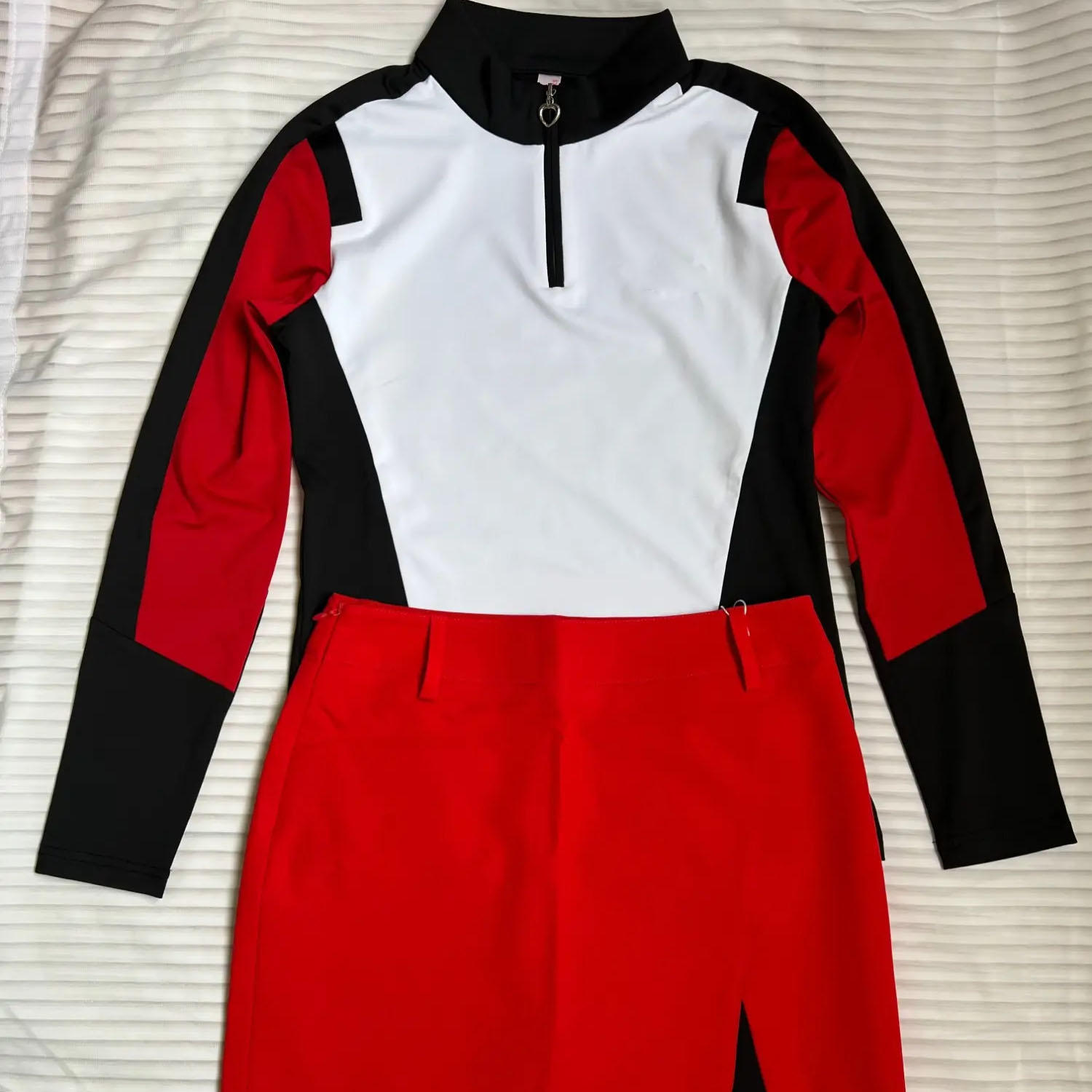 Spring Women's Golf Outfit Long Sleeve Polo Shirt Contrast Color Quick Dry Top with Sports Skirt Set