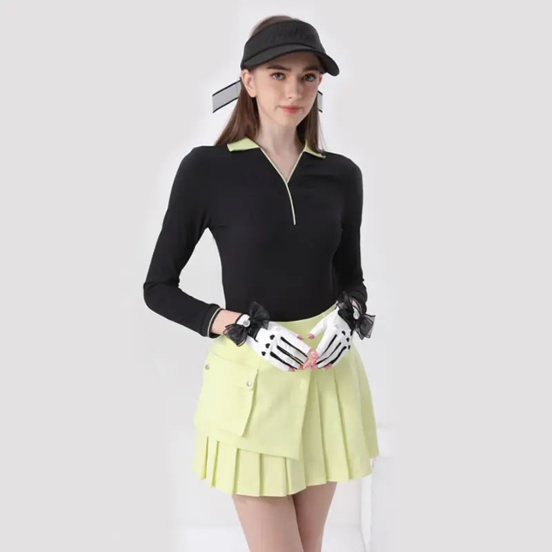 Long Sleeve Contrast V-Neck Slim Sports Top with Pleated Skirt Women's Spring/Autumn Golf Set
