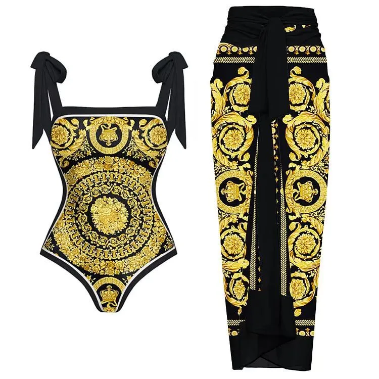 Women’s Retro Style One-Piece Backless Swimsuit with Skirt Vintage Holiday Surf Dress Swimwear