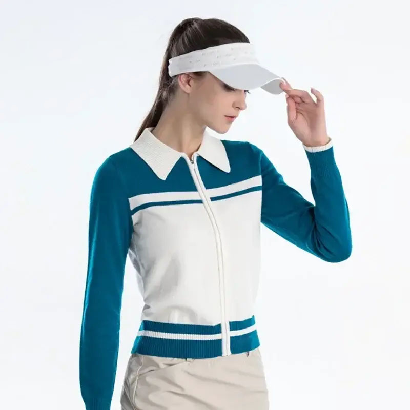 Women's Full Zipper Knitted Golf Sweater Slim Fit Long Sleeve Top for Warmth and Casual Athletic Style