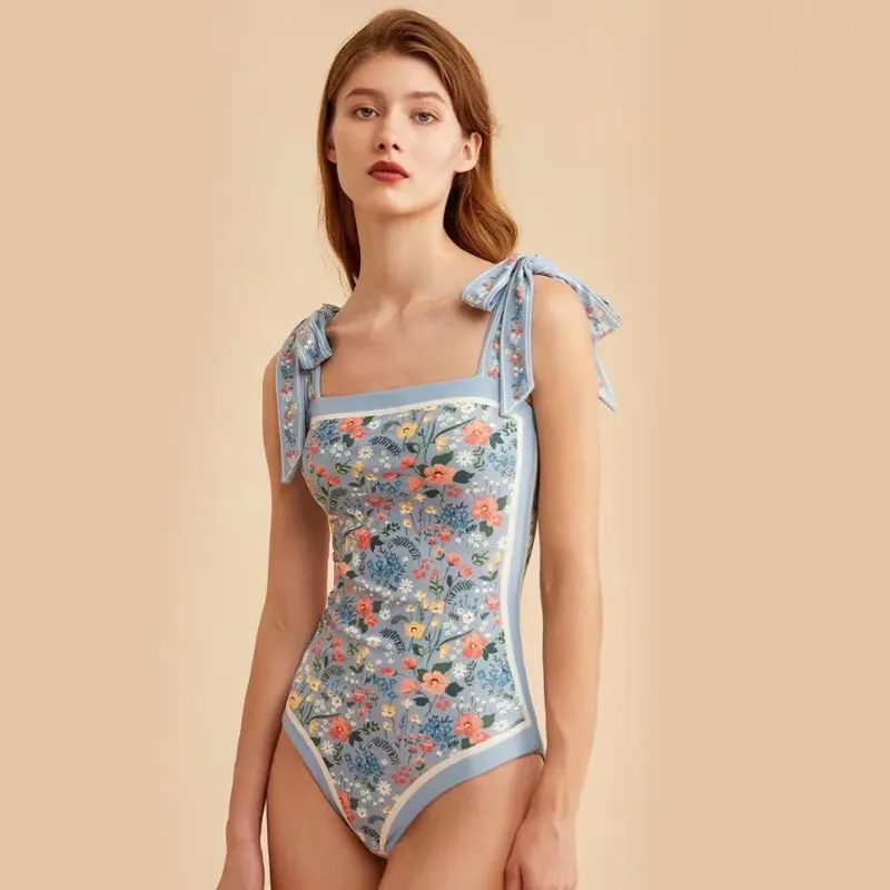 Reversible Floral Beach Dress One-Piece Swimsuit with Skirt Brazilian Style Bowknot Detailing
