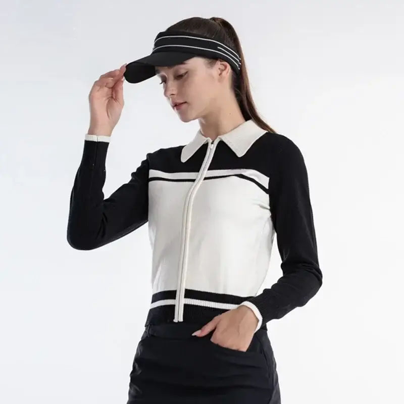 Warm Long Sleeve Golf Top for Women Knitted Patchwork Zipper Athletic Sweater Casual Fit