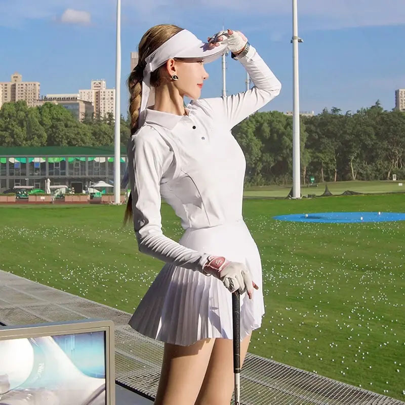 Fall/Winter Golf Outfit White Long Sleeve Polo Top with Skort Set for Women Slim and Breathable