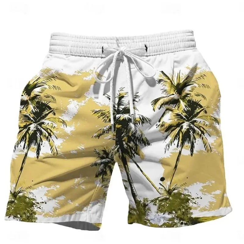 Men's Oversized Summer Shorts with Drawstring Quick Dry Feature and Coconut Tree Pattern