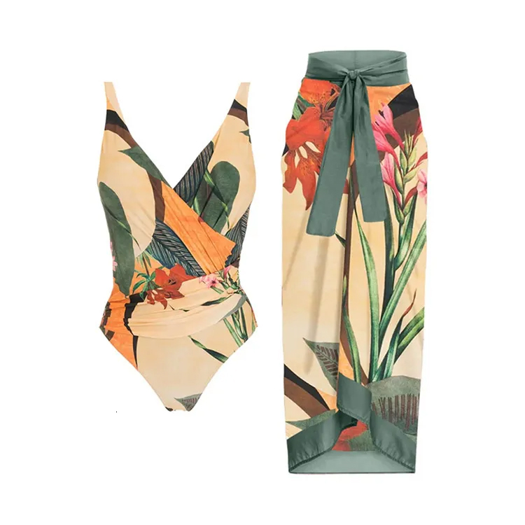 Retro Bikini Set for Women with RA Print, Skirted Design and Asymmetric Cover-Up Swimwear