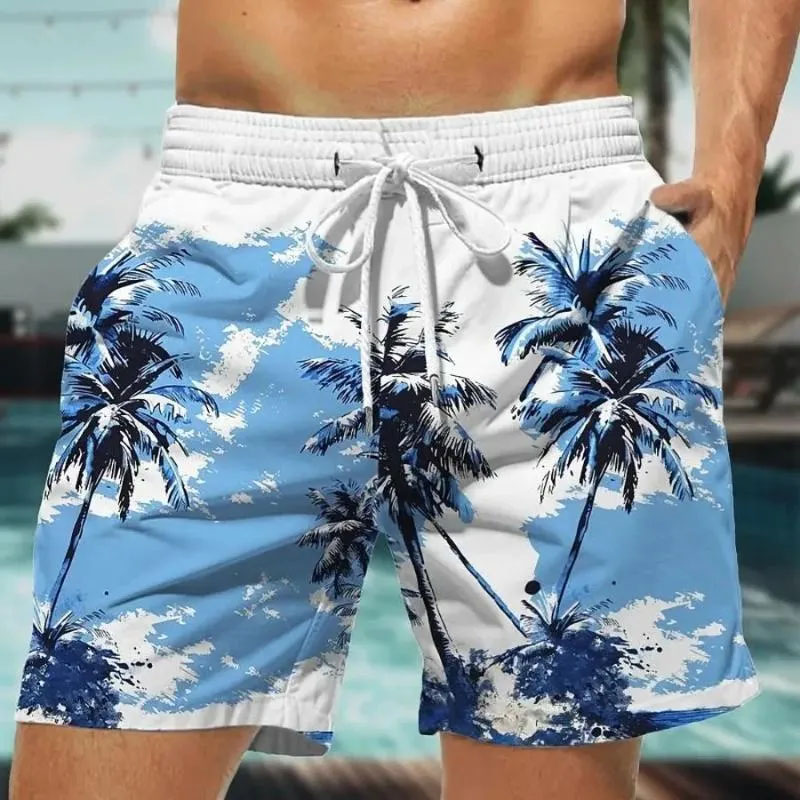 Men's Oversized Summer Shorts Drawstring Quick Dry Swimwear with Coconut Tree Design