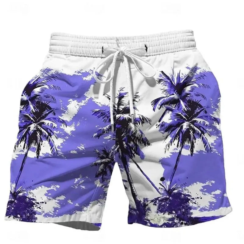 Men's Shorts Summer Oversized Casual Drawstring Quick Dry Sports Swimming Trunks Coconut Tree Printed