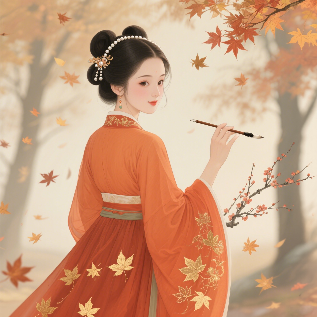 A Talented Woman Amidst The Autumn Breeze And Fallen Leaves