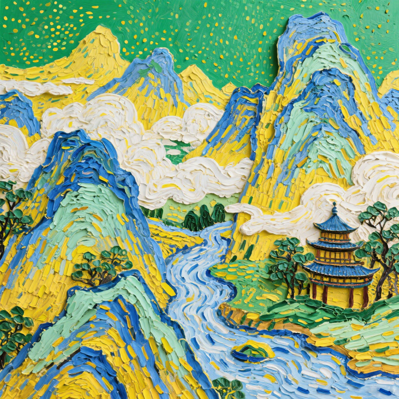 Mountain Temple Oil Painting