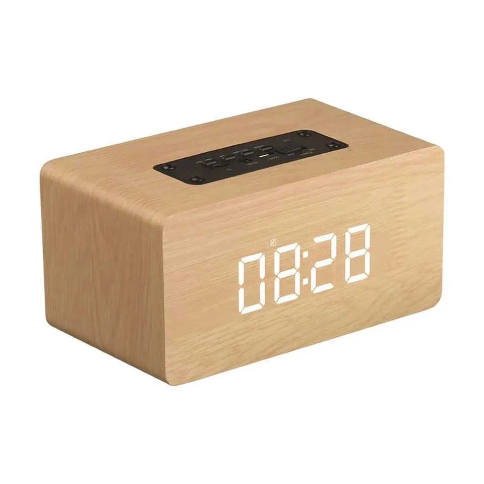 Wooden Stereo Speaker Digital Alarm Clock Wireless Dual Driver Speaker 10w Bluetooth Subwoofer Led Time Display Tf Card