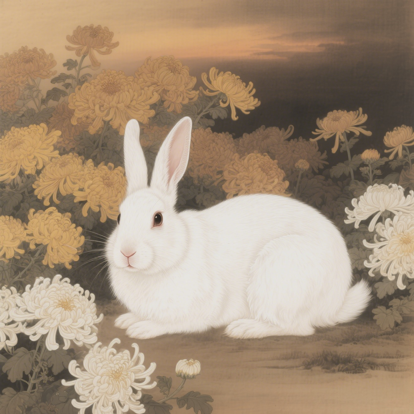 White Rabbit In The Flowers