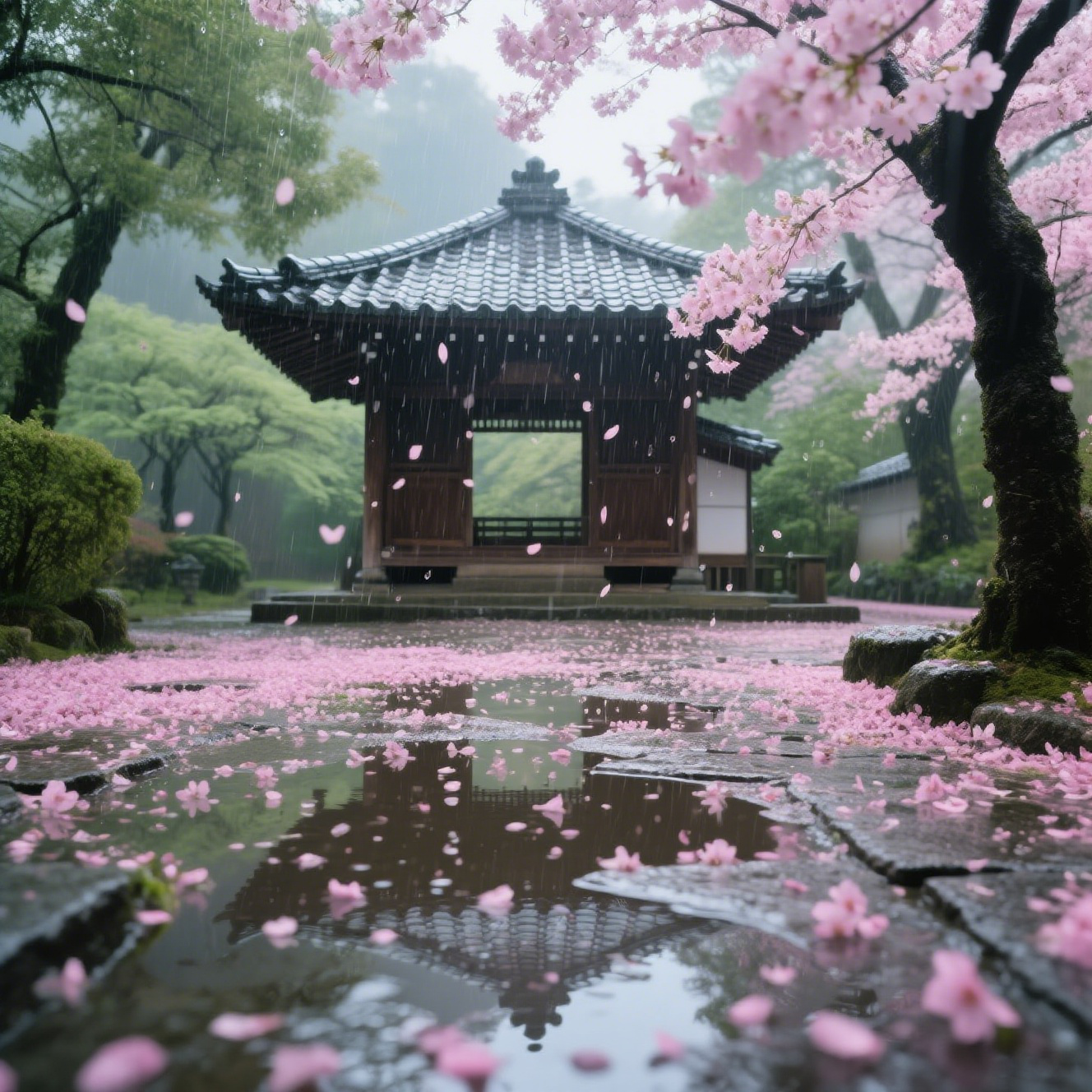 A Pavilion Amidst Cherry Blossoms And Falling Petals
