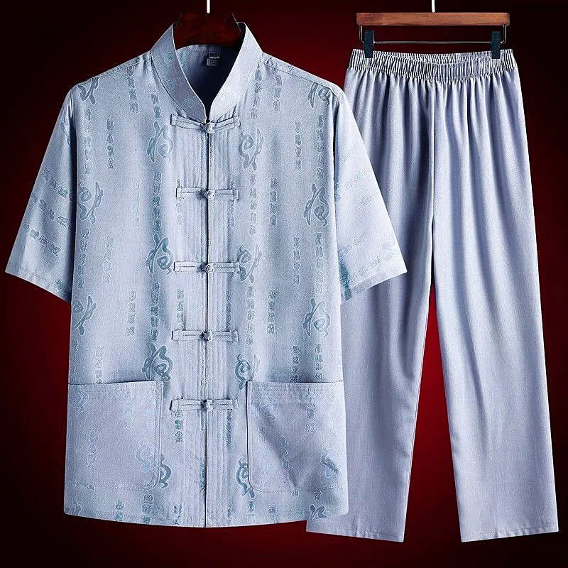 Men's Tang Clothing Kung Fu Wing Chun Garment Embroidery Short Sleeve Shirt Top Pant Hanfu Suit