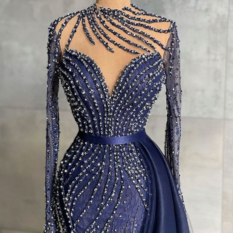 Evening Beaded Dresses For Women O Neck Mermaid Prom Party Gowns Long Wrap Formal Robe De Soire