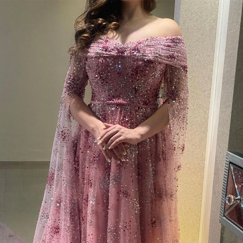 Sparkle Pink Evening Dress with Cape Mermaid Sweetheart Tulle Beads Crystals Party Formal Dress Red Carpet Gowns Gown