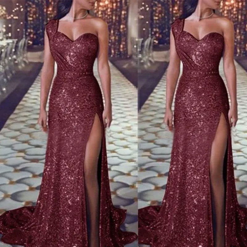 One Shoulder Mermaid Evening Dresses Side Split Sequins Long Formal Prom Gowns Red Carpet Dress