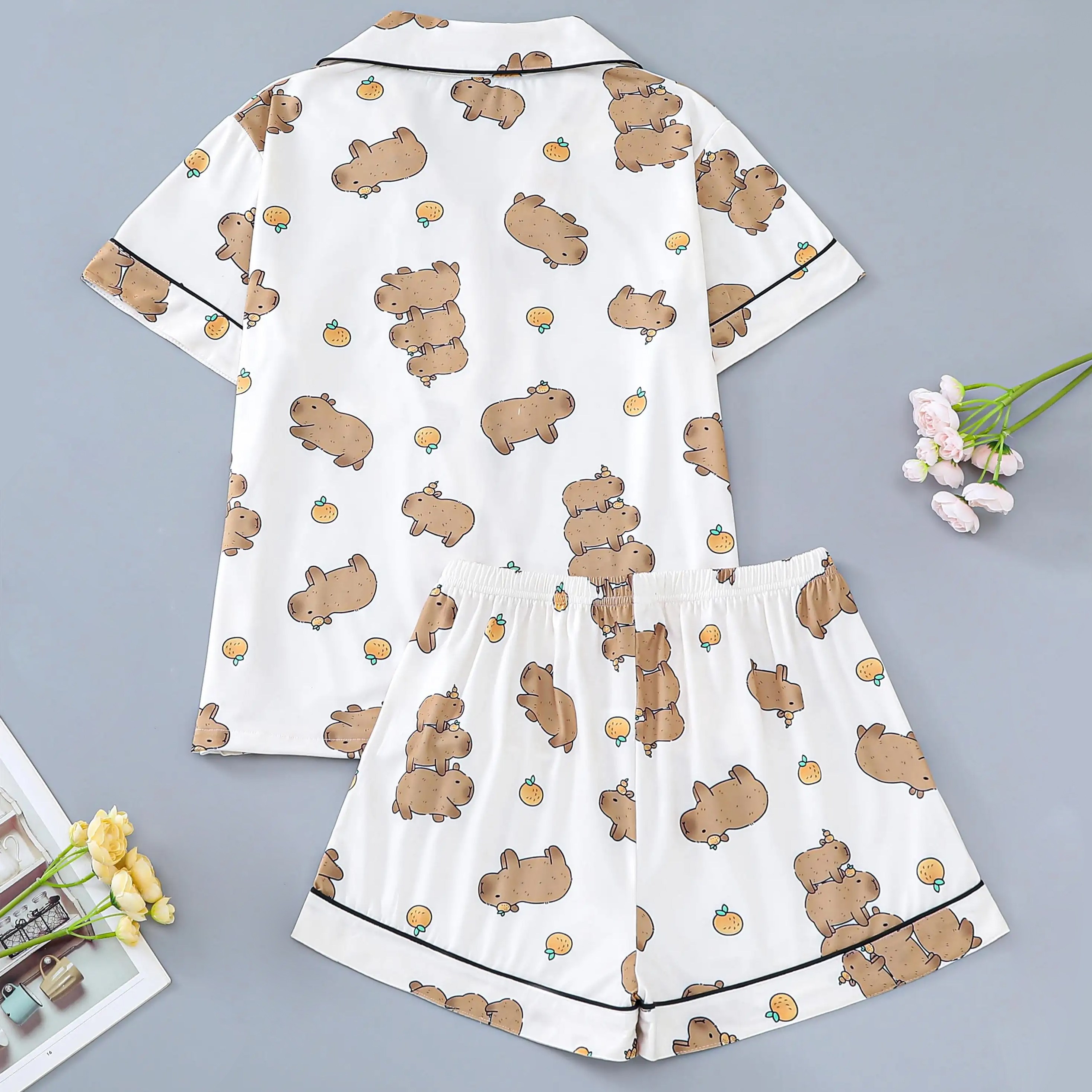Cute Water Dolphin Print Ladies Pajamas Set Of Short-Sleeved Lapel Top And Loose Shorts Shu S Four Seasons Ladies Homewear
