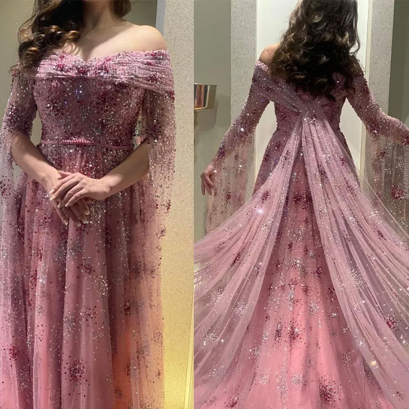 Sparkle Pink Evening Dress with Cape Mermaid Sweet...