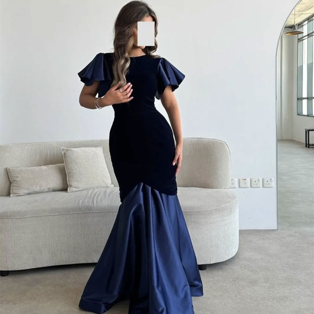 Elegant Long Jewel Neck Crepe Evening Dresses with Ruffles Mermaid Satin Floor Length Pleated Zipper Back Prom Dresses for Women