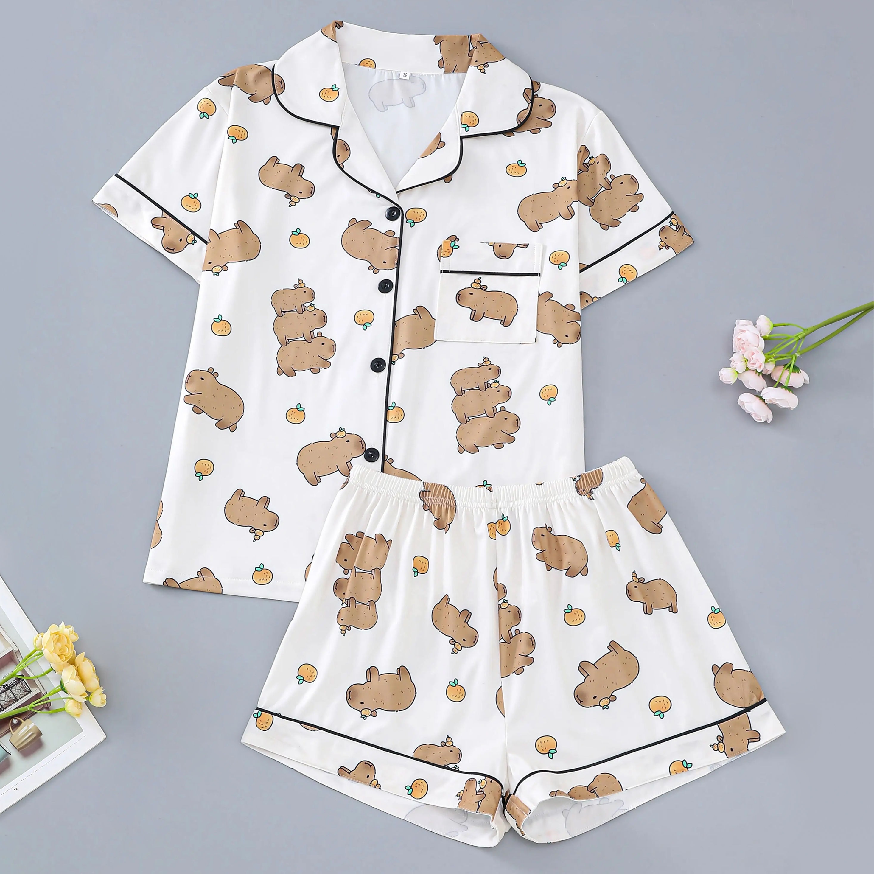 Cute Water Dolphin Print Ladies Pajamas Set Of Sho...
