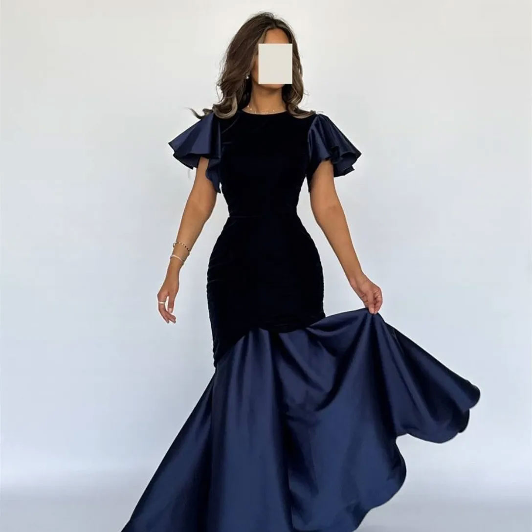 Elegant Long Jewel Neck Crepe Evening Dresses with Ruffles Mermaid Satin Floor Length Pleated Zipper Back Prom Dresses for Women