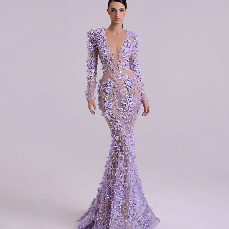 Gorgeous Appliqued Mermaid Evening Dresses Plunging V Neck Long Sleeves Evening Gown Floor Length Dresses For Special Occasions