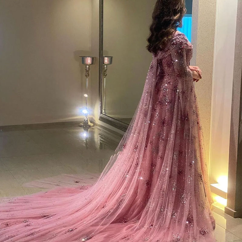 Sparkle Pink Evening Dress with Cape Mermaid Sweetheart Tulle Beads Crystals Party Formal Dress Red Carpet Gowns Gown