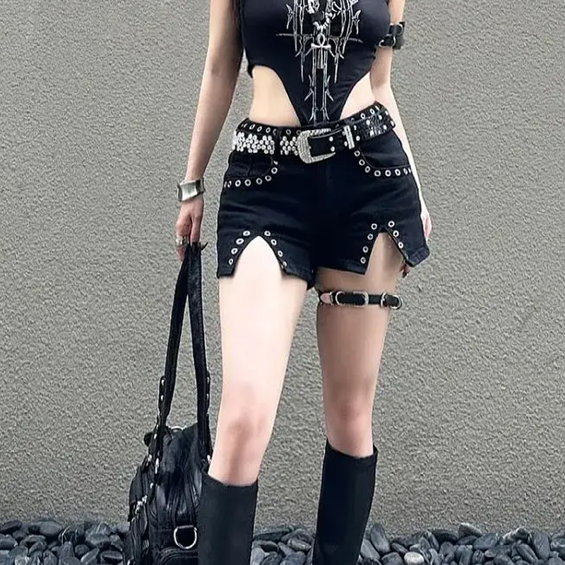 Black Wide Fit Women's Denim Shorts Casual Classic Vintage Design Shorts Jeans