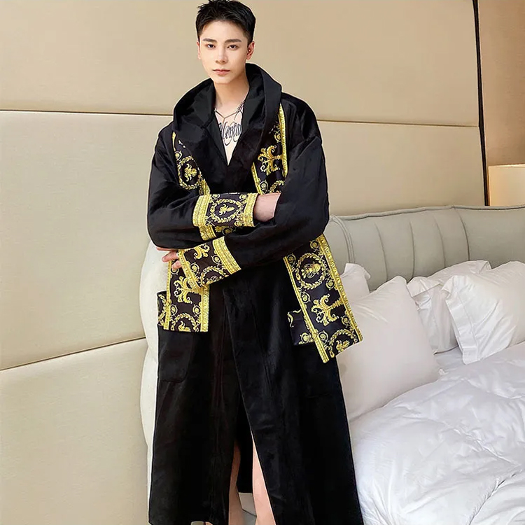 Men's Robes Winter Paisley Velvet Long Nightgown H...