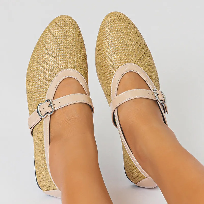 Knitted Ballet Flats with Buckle Strap, Breathable Round-Toe Mary Janes, Casual Walking Shoes for Women