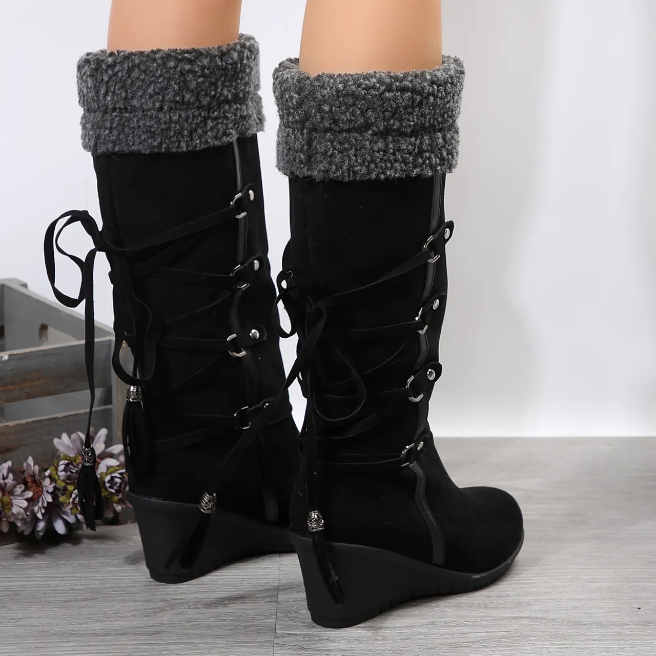 Womens Snow Boots Winter Warm Cotton Knee-High Wedge Heel Footwear Ladies Suede Platform Frenum Style