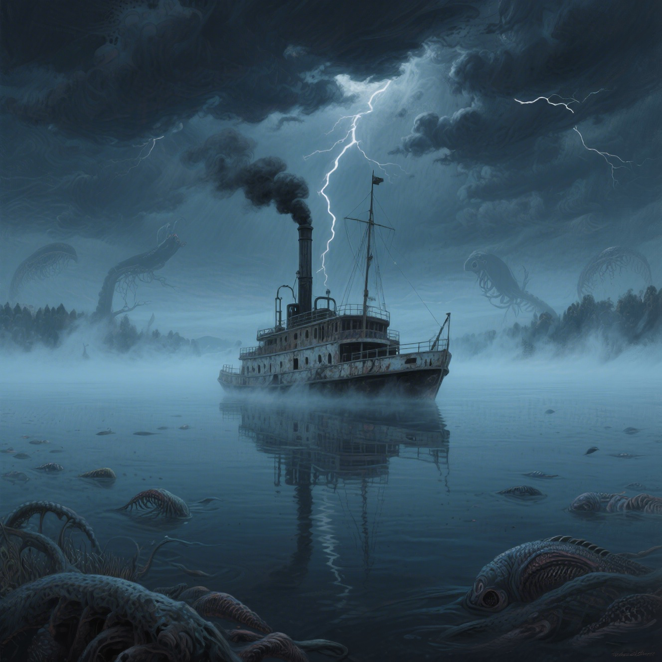 The Ancient Ship Under Lightning