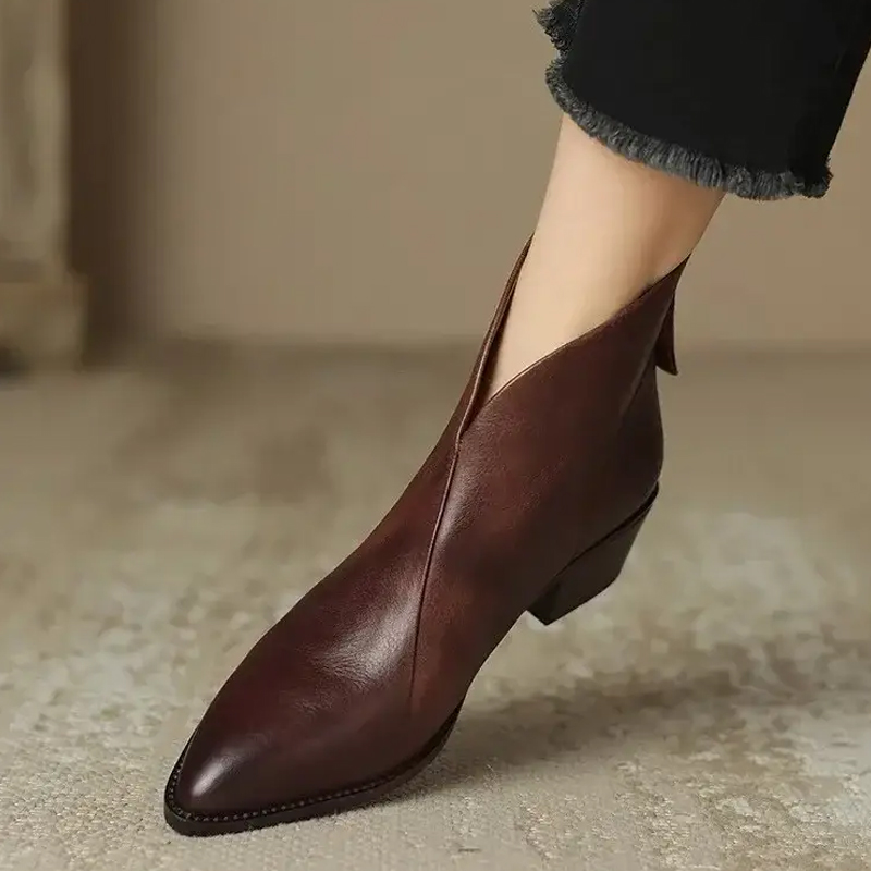 Women's Pointed Toe Brown Ankle High Heels Vintage Chelsea Mid Heel Short Boots