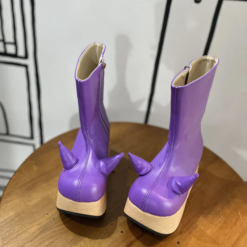 Wedge Heel Mid Calf Horn Round Toe Leather Side Zipper High Top Novelty Catwalk Women's Boots