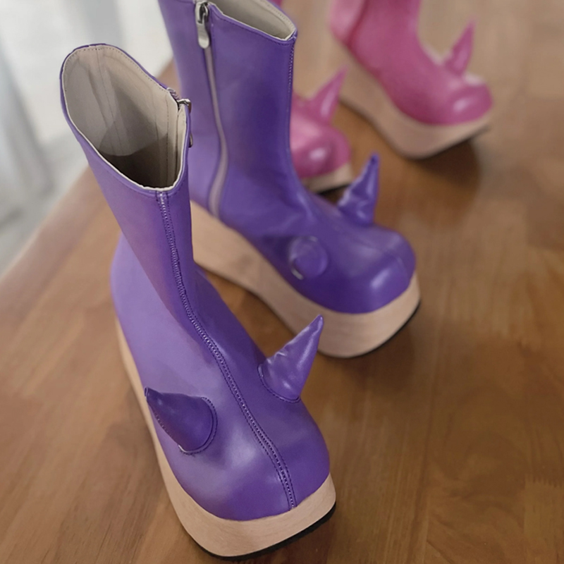 Wedge Heel Mid Calf Horn Round Toe Leather Side Zipper High Top Novelty Catwalk Women's Boots