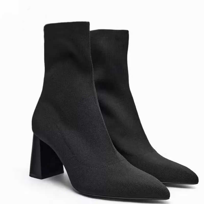 Knitted Stretch Fabric Women's Low Heel Pointed Toe Short Ankle Boots
