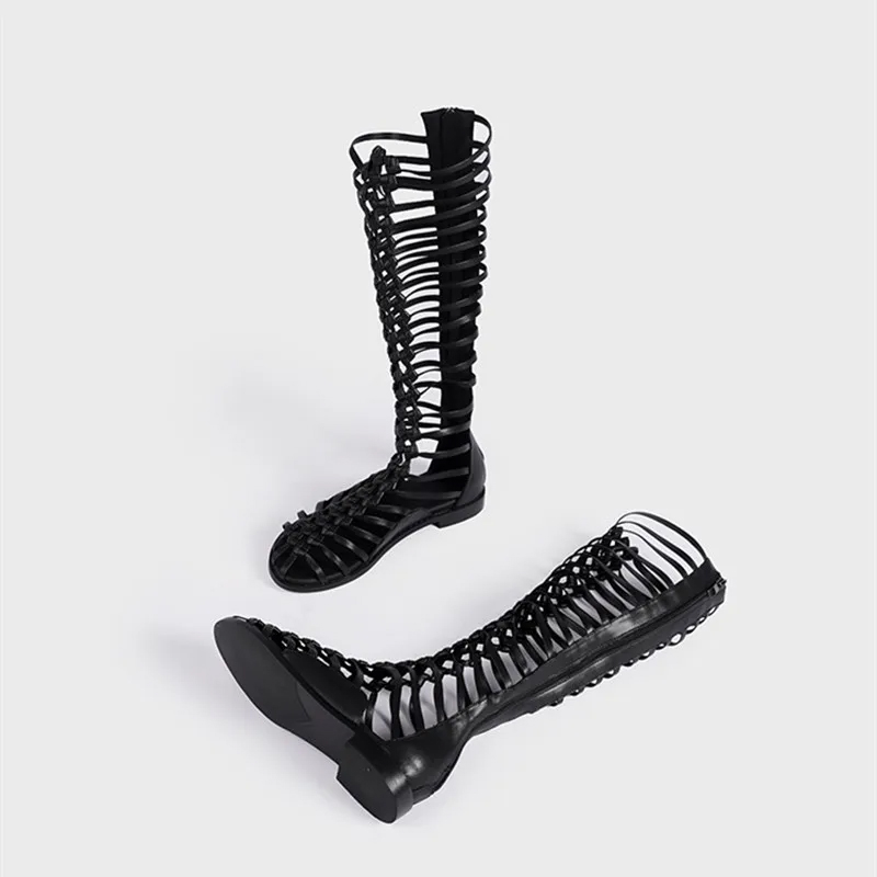 Summer Sexy Narrow Band Leather Women's Knee-High Boots, Fashion Flats Heeled Sandals Booties for Casual Wear